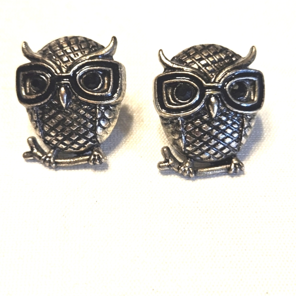 Owl Wearing Glasses Post Back Rhinestones Silver Black Coated Metal Earrings